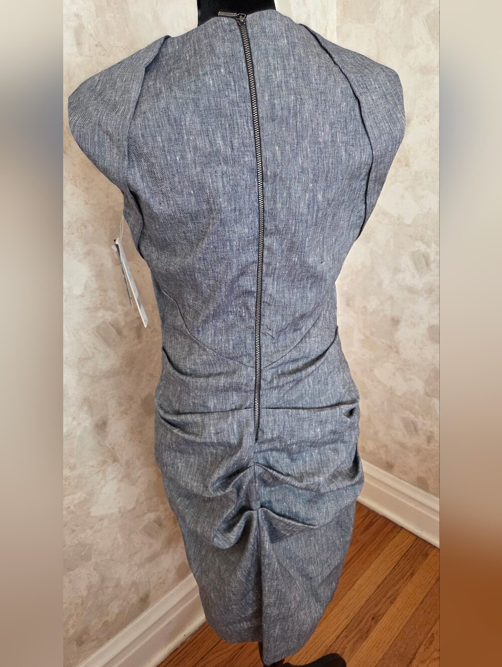 Nicole Miller Studio Linen Blend Ruched Sheath Dress Gray Structured Size 10 - Picture 11 of 15